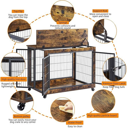 Dog Crate Furniture Dog Kennel for Home Indoor Use Furniture Dog Crate with Double Doors for Medium Large Dog 38.58" W x 25.2" D x 27.17" H Rustic Brown