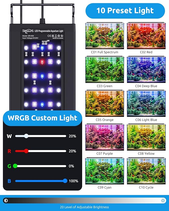SEAOURA Aquarium Light for Fish Tanks, 24-30in Full Spectrum LED Lights with Temp Alarm, 3 Timers Auto On/Off with Memory Function, WRGB Custom, 20 Level Dimmable Brightness for Freshwater Plants