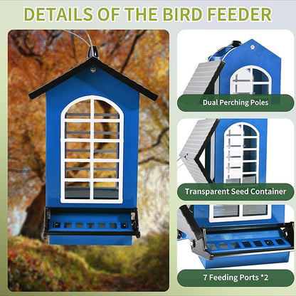Bird Feeder Squirrel Proof Metal Hanging for Outdoor Wild Bird Seed, 5LBS with Bilateral Weight-Activated Perches, Heavy Duty Bird Feeders for Outside Wild Bird - Blue