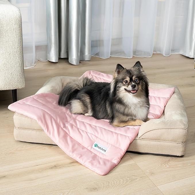 PetAmi Cooling Mat for Dog, Premium Pet Cooling Blanket for Crate Kennel, Indoor Cat Cool Sleeping Pad, Q-MAX Cold Sofa Couch Cover for Summer, Pink, Small (24x32)