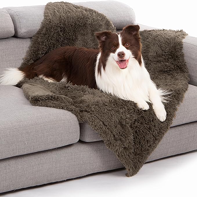 gogobunny Waterproof Plush Long Faux Fur Pet Throw Blanket Ultra Soft Fluffy Bed Couch Cover Washable - Premium Flannel Calming Blankets for Dog Puppy Cat (40x50 Inch (Pack of 1), Stone)