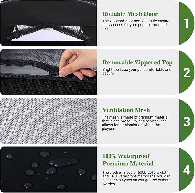 Royizen Puppy Cat Tent Playpen Foldable Waterproof Dog Crate Kennel Indoor Outdoor Portable Playpen Kitten and Small Pets Pop Up Kennel Cat Travel Carrier with Litter Box Enclosure, Black