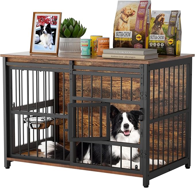 Dog Crate Furniture for Large Breed, Sliding Barn Door Dog Crate with Interactive Window for Anxiety Dogs, 360°Rotatable & Elevated Dogs Bowls, Wooden Dog Kennel Furniture, Dog Cage Furniture Indoor