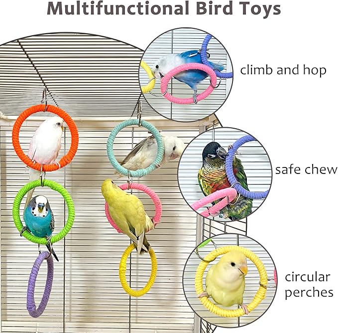 6-Ring Bird Swing Toy for Cage, Colorful Cotton Rope Perch for Parrots Soft Grip, DIY Adjustable Hanging Parakeet Toys, Interactive Multi-Bird Swing and Climb for Budgies, Lovebirds, Cockatiels