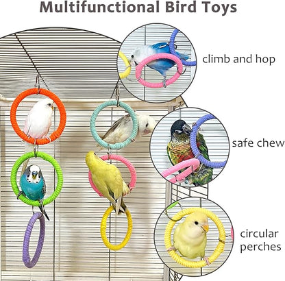 6-Ring Bird Swing Toy for Cage, Colorful Cotton Rope Perch for Parrots Soft Grip, DIY Adjustable Hanging Parakeet Toys, Interactive Multi-Bird Swing and Climb for Budgies, Lovebirds, Cockatiels