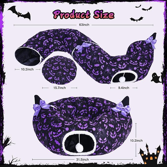 Tidjani Halloween Cat Tunnel, Cat Tunnels for Indoor Cats, Foldable Pet Donut Bed with Washable Mat and Dangling Balls, Purple Bowknot, Ghost Spider Pattern Decor Pet Toys for Small Animals