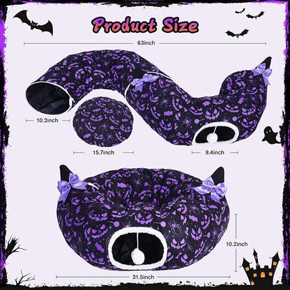 Tidjani Halloween Cat Tunnel, Cat Tunnels for Indoor Cats, Foldable Pet Donut Bed with Washable Mat and Dangling Balls, Purple Bowknot, Ghost Spider Pattern Decor Pet Toys for Small Animals