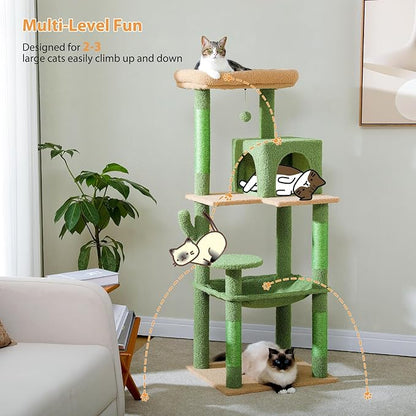 PETEPELA 56.3'' Tall Cat Tree for Indoor Cats, Cactus Cat Tower with Super Large Hammock (20''X16''), Sisal Covered Scratching Posts, Cozy Condo and Top Perch Green