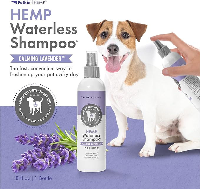 Petkin Hemp Waterless Dog Shampoo Spray  with Hemp Oil & Calming Lavender Extract, 8 fl oz  for Cats and Dogs  Soothes, Calms & Conditions, Keeps Pet Smelling Great  for Home and Travel