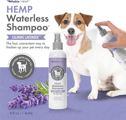 Petkin Hemp Waterless Dog Shampoo Spray  with Hemp Oil & Calming Lavender Extract, 8 fl oz  for Cats and Dogs  Soothes, Calms & Conditions, Keeps Pet Smelling Great  for Home and Travel