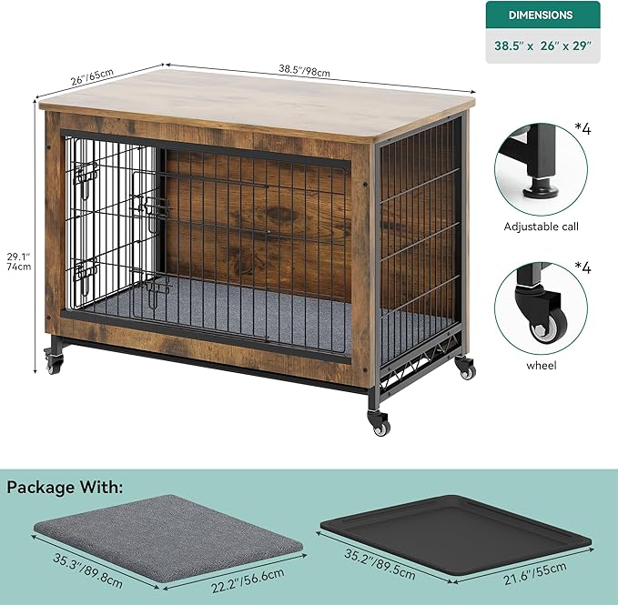 YITAHOME YITAHOME Dog Kennel Furniture with Wheels, Wooden Dog Crate Furniture with Cushion, Dog Crate End Table with Tray, 38" Dog Cage with Double Doors for Small/Medium Dog (Rustic Brown)
