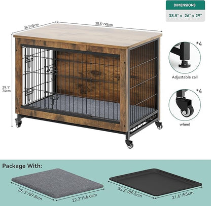 YITAHOME YITAHOME Dog Kennel Furniture with Wheels, Wooden Dog Crate Furniture with Cushion, Dog Crate End Table with Tray, 38" Dog Cage with Double Doors for Small/Medium Dog (Rustic Brown)
