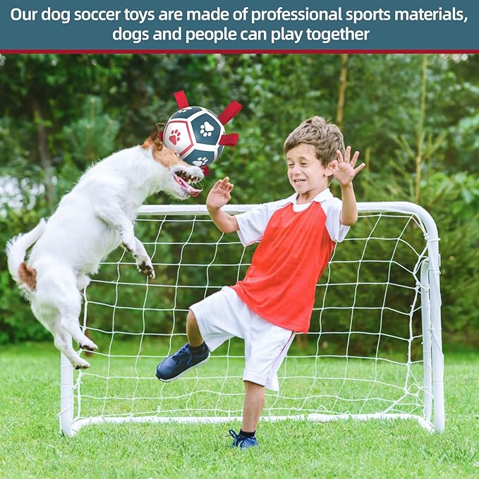 QDAN Dog Toys Soccer Ball with Straps, Outdoor Interactive Dog Toys for Tug of War, Puppy Birthday Gifts, Dog Tug Toy, Dog Water Toy, Durable Dog Balls for Small Dogs - Blue&Red（5 Inch）