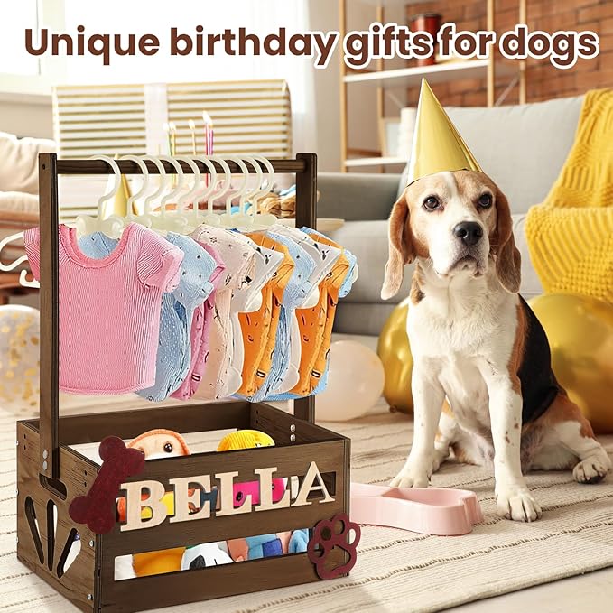 20" x 13" x 9" Wooden Pet Wardrobe Closet Crate Box with Hanging Rods and Personalized Pet Alphabet Letters Easy Assembly Baskets for Dog Cat Toys Clothes Accessories(Dark Walnut)