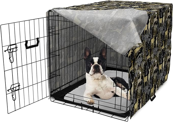 Ambesonne Christmas Dog Crate Cover, Nature Woodland and Deer Silhouettes with Oriental Ornaments Design, Easy to Use Pet Kennel Cover for Small Dogs Puppies Kittens, 18 Inch, Yellow White Black