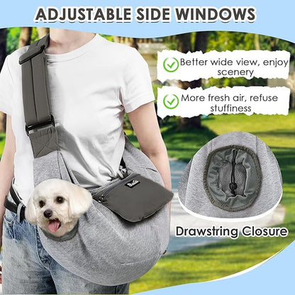 SlowTon Dog Carrier Sling - Puppy Carrier with Window and Storage Pocket Fits up to 12lbs, Dog Sling with Thick Adjustable Shoulder Strap and Safety Leash, Pet Carrier Bag for Small Dogs Cats(Grey M)