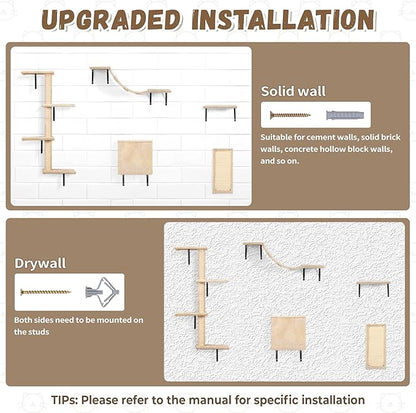 Cat Wall Shelves, Wall Mounted Cat Furniture, Cat Wall Climber with Bridge, Perches, Ledges and Beds, Kitty Jungle Gym for Wall, Set of 5 (Beige)