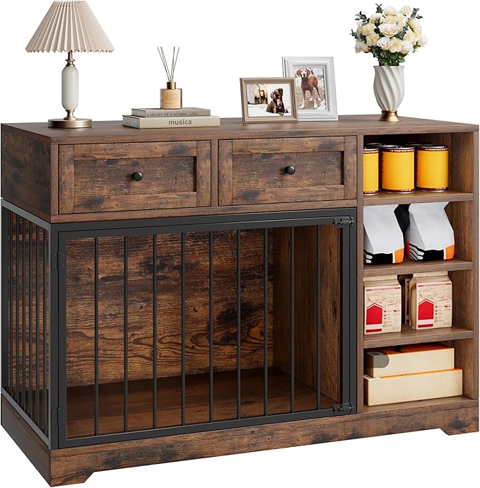 Dog Crate Furniture 47, Large Dog Crate TV Stand with 2 Drawers and 4 Shelves, Wooden Dog Kennel Indoor, Decorative Dog Cage with Storage for Large Dogs, Brown