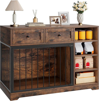 Dog Crate Furniture 47, Large Dog Crate TV Stand with 2 Drawers and 4 Shelves, Wooden Dog Kennel Indoor, Decorative Dog Cage with Storage for Large Dogs, Brown