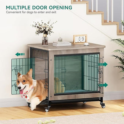 YITAHOME YITAHOME Dog Crate Furniture with Cushion, Dog Kennel Indoor with Wheels, Dog Crate End Table with Tray, 27" Dog Cage with Double Doors for Small Dog (Gray)
