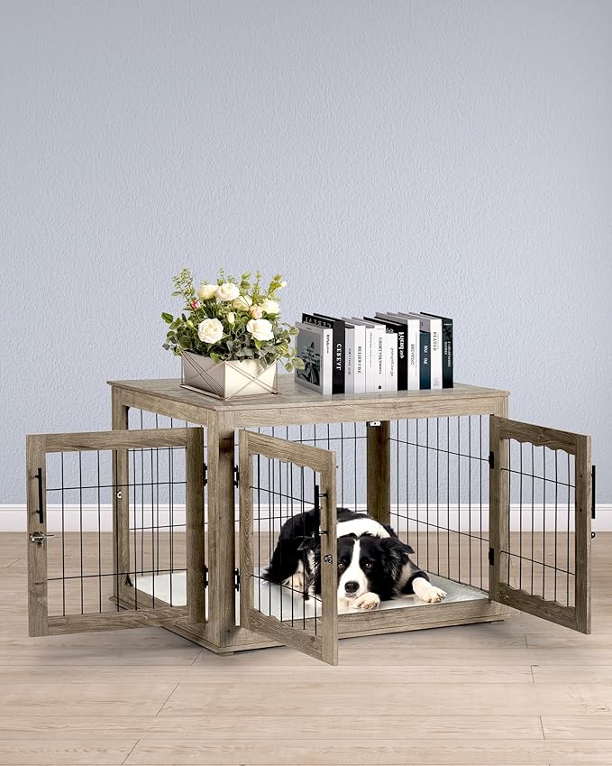 Dog Crate Furniture, 38 inch Large Dog Crates with Bed Mat, Wooden Dog Kennel Furniture, End Side Table Dog Cage with 3 Doors, Greige