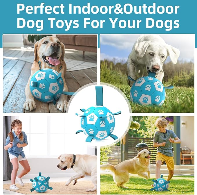 Dog Toys Soccer Ball with Straps - Durable Dog Balls for Extra Large Dogs, Dog Tug Toys for Tug of War, Beach Pool Dog Water Toy, Puppy Dog Birthday Gifts, Herding Balls for Dog, Blue White (9 Inch)