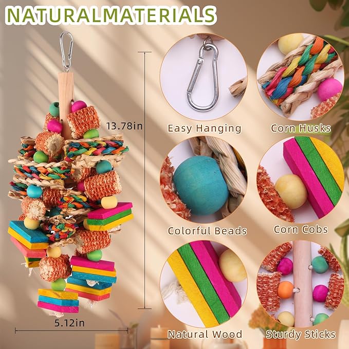 Parrot Toys for Medium and Large Birds Natural Wood Corn Cob Chewing Toy Bird Cage Accessories for African Grey,Macaws,Conure,Cokatoos,Cockatiel,Amazon Parrots