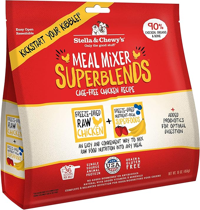 Stella & Chewy's Freeze Dried Raw Cage-Free Chicken Meal Mixers  SuperBlends Dog Food Topper  Grain Free, Protein Rich Recipe  16 oz Bag