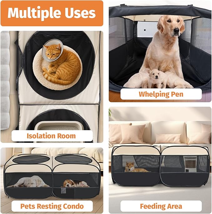 2-in-1 Dog Playpen 46.5''Pop Up Cat Pet Playpen, Assembly-Free Indoor Outdoor Kitten Enclosure, Kitten Pen Cat Cage Portable Puppy Tent Crates Kennel for Small Animals(No Divider, Unified Space)