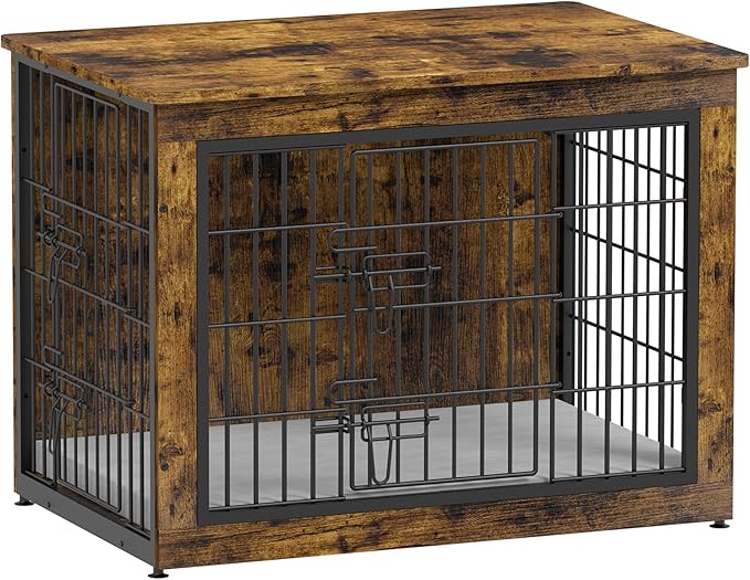 Piskyet Dog Crate Furniture with Cushion,Heavy-Duty Reinforced Metal Mesh,32" Wooden Dog Crate End Table with Double Doors,Indoor Dog Kennel,Dog Cage Side Table for Medium Breed,Rustic Brown