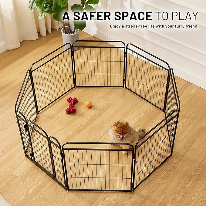 Dog Play Pen Indoors - 8 Panels 24" Playpens Indoor Safety Design Without Stakes, Threshold Free Door Ease to Access, Portable Fence Ground Anchors for Outdoor, Yard and RV Camping