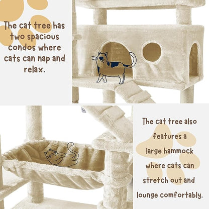 Cat Tree, 80-Inch Large Cat Tower with 9 Scratching Posts, 2 Perches, 2 Caves, 2 Basket, 2 Stairs, Extra Large Hammock, Pompoms, Multi-Level Plush Cat Condo for Indoor Cats/Beige