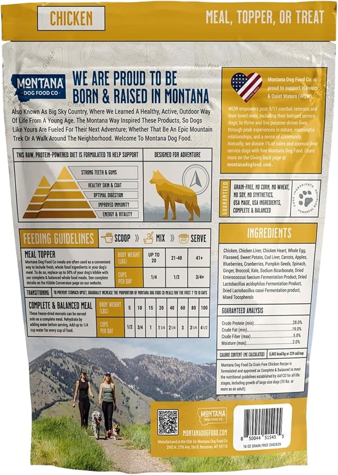 MONTANA DOG FOOD CO. Freeze-Dried Raw Chicken Recipe Dog Food – Grain-Free, High-Protein Meal or Topper, Made in USA with USA Ingredients -16 oz Bag