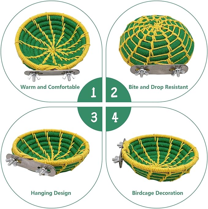 Bird Nest for Cage,Parrot Breeding Nest,Handwoven Cotton Rope Parakeet Bed,Canary Nesting House for Budgie,Finch,Cockatiel,Conure,Lovebird, Small Birds,Green&Yellow