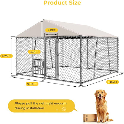 10 x 10FT Large Outdoor Dog Kennel with Bowls, Dog Kennel Outside with Waterproof Cover Roof, Galvanized Heavy Duty Chain Link Dog Runs Cage Playpen for Outside with Secure Lock