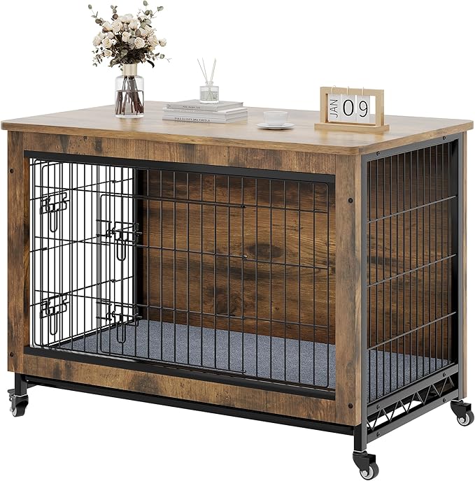 YITAHOME YITAHOME Dog Kennel Furniture with Wheels, Wooden Dog Crate Furniture with Cushion, Dog Crate End Table with Tray, 38" Dog Cage with Double Doors for Small/Medium Dog (Rustic Brown)