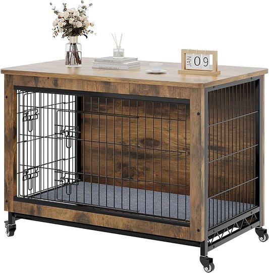 YITAHOME YITAHOME Dog Kennel Furniture with Wheels, Wooden Dog Crate Furniture with Cushion, Dog Crate End Table with Tray, 38" Dog Cage with Double Doors for Small/Medium Dog (Rustic Brown)