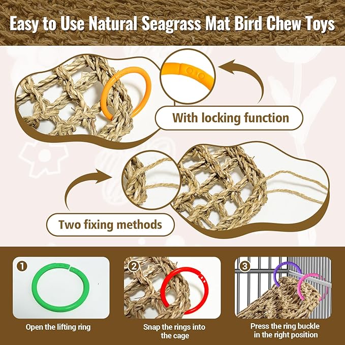 2Pcs 29.5 x 7 inches Large Bird Seagrass Mat Grass Woven Net Parrot Hammock Mat Parakeet Climbing Rope Ladder with Hooks Bird Cage Accessories for Conure Cockatiel Budgie Macaw Bearded Dragon