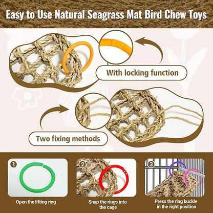 2Pcs 29.5 x 7 inches Large Bird Seagrass Mat Grass Woven Net Parrot Hammock Mat Parakeet Climbing Rope Ladder with Hooks Bird Cage Accessories for Conure Cockatiel Budgie Macaw Bearded Dragon