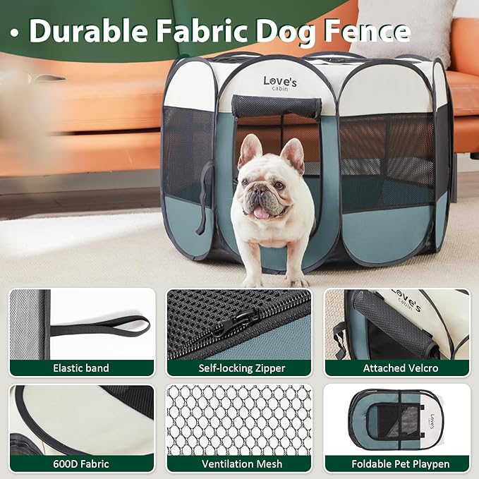 Love's cabin Pet Puppy Dog Playpen, Medium Dog Tent Crates Cage Indoor/Outdoor, Portable Playpen for Cat, Foldable Pop Up Dog Kennel Playpen with Carring Case, Removable Zipper Top, Moss Green