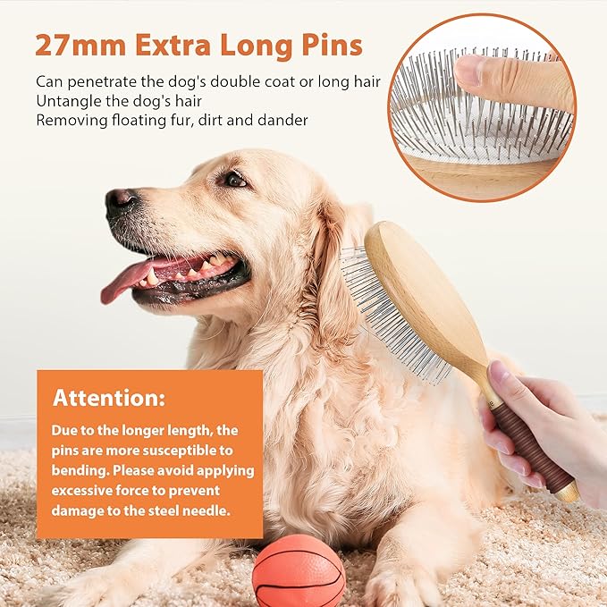 Dog Brush, Pin Brush for Dogs, 27mm Extra Long Pin Brush, Dog Grooming Brush for Shedding, Dog Brush for Long Haired Dogs - Beech Wood Material, Non-Slip Rubber Handle, Round-Tipped Pins