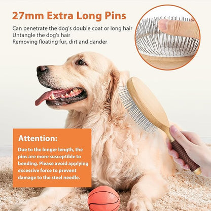 Dog Brush, Pin Brush for Dogs, 27mm Extra Long Pin Brush, Dog Grooming Brush for Shedding, Dog Brush for Long Haired Dogs - Beech Wood Material, Non-Slip Rubber Handle, Round-Tipped Pins