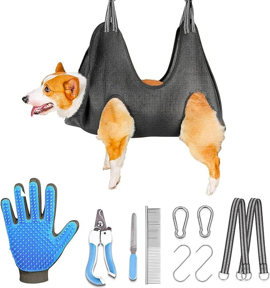 LARGE Dog Grooming Hammock for Large Dogs, 50 lbs - All-in-One Dog Grooming Kit , Dog Harness for Nail Trimming Grooming Kit for Dogs at Home - 1x Gloves, Dog Nail Clippers, Dog Brush for Shedding