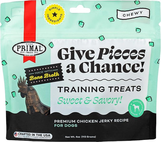 Primal Chicken Jerky Dog Treats Made with Broth, Give Pieces a Chance Training Treat for Dogs, 4 oz