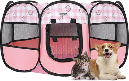 Lucky Monet Foldable Dog Playpen Cat Puppy Playpen Indoor Pop Up Pet Animal Playpen Outdoor Kennel Cage Pen Tent for Small Medium Dog Puppy Cat Kitten Rabbit - Medium, Pink