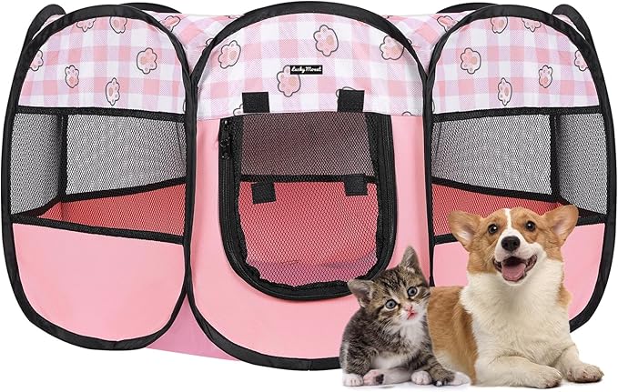 Lucky Monet Foldable Dog Playpen Cat Puppy Playpen Indoor Pop Up Pet Animal Playpen Outdoor Kennel Cage Pen Tent for Small Medium Dog Puppy Cat Kitten Rabbit - Small, Pink