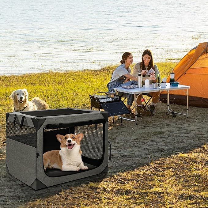 30 Inch Portable Travel Dog Crate, 3 Door Collapsible Soft Pet Kennel with Durable Mesh Windows for Medium Dogs, Foldable Dog Cage with Storage Pocket for Outdoor (Dark Grey)