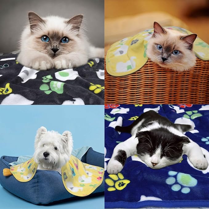 Rezutan Dog Blankets for Small Dogs,1 Pack 3 Premium Soft Dog Puppy Blankets, with Flannel Cute Elephant Dog Paw, Small Cat Kitten Blankets, Grey/Blue/Yellow, 24x20 inch.