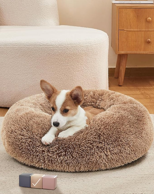 OhGeni Calming Donut Dog & Cat Bed Pillow, Machine Washable Plush Warming Bed, Anti-Slip Round Cuddle Comfort Pet Bed, Pillow Design Cozy Fluffy Faux Fur Bed for Small Medium Dogs, Ocher, 23 inches