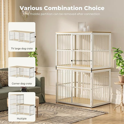 86.62'' Dog Crate Furniture Large Breed TV Stand with Double Rooms for 2 Large Medium Dogs, Wooden Indoor Kennel Crate Cage End Table with Removable Divider, Can Use Separately, Natural Beech